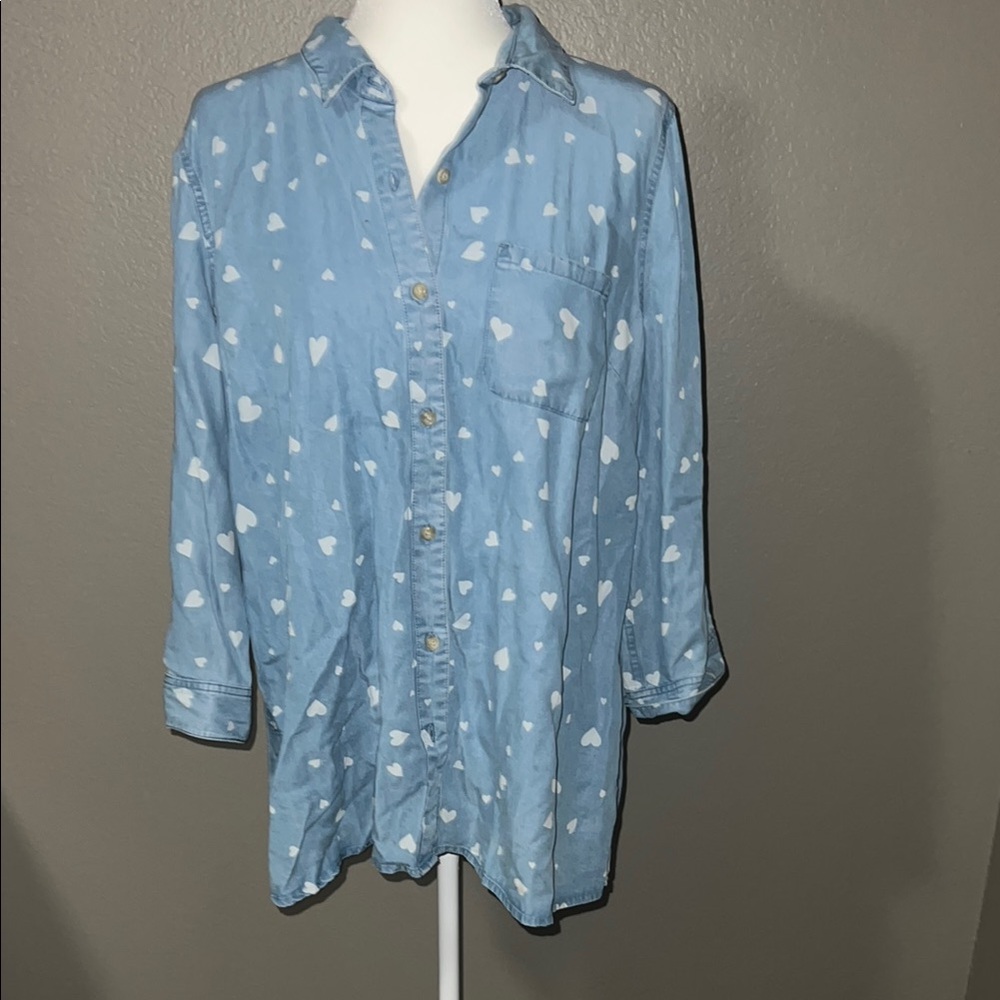 Light Blue Heart Print Button-Up Shirt